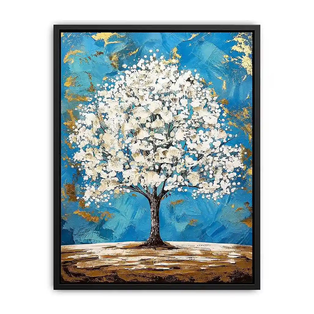 Elegant white tree of life painting with blue background and gold abstract accents on textured canvas