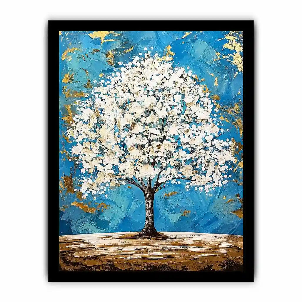 Elegant white tree of life painting with blue background and gold abstract accents on textured canvas