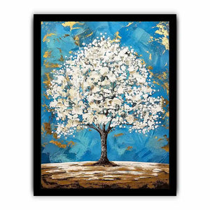 Elegant white tree of life painting with blue background and gold abstract accents on textured canvas