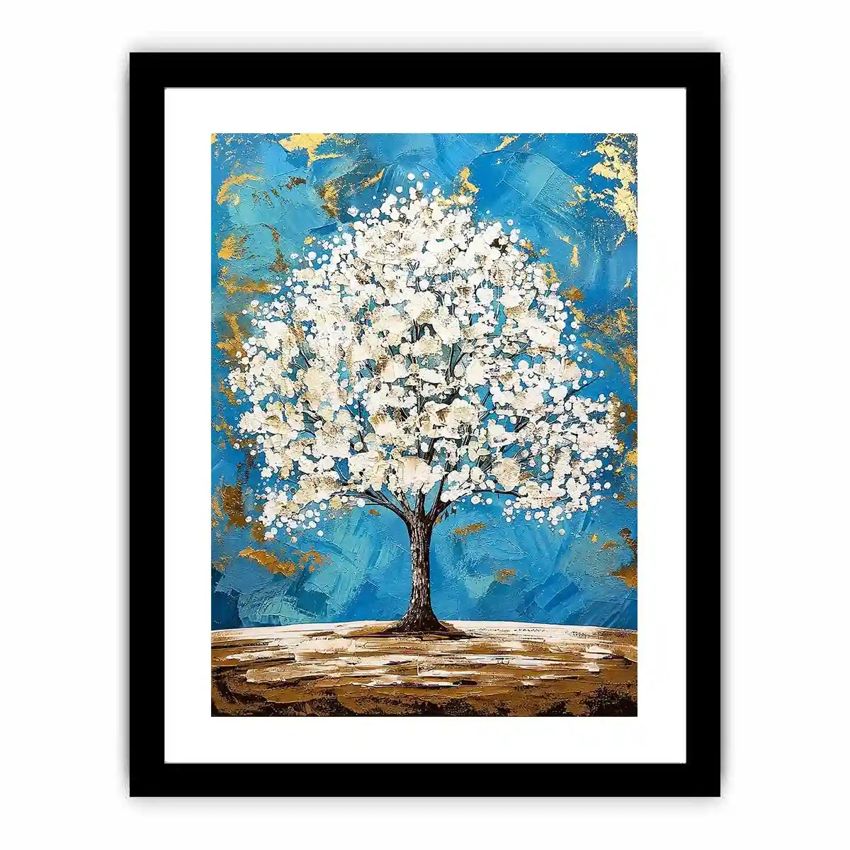 Elegant white tree of life painting with blue background and gold abstract accents on textured canvas