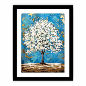 Elegant white tree of life painting with blue background and gold abstract accents on textured canvas