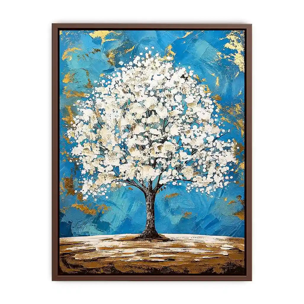Elegant white tree of life painting with blue background and gold abstract accents on textured canvas
