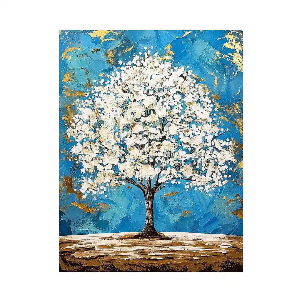 Elegant white tree of life painting with blue background and gold abstract accents on textured canvas