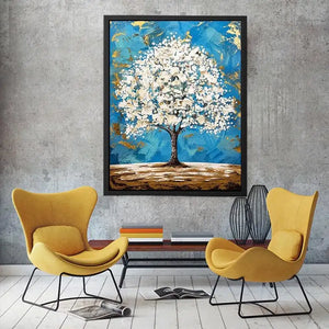 Elegant white tree of life painting with blue background and gold abstract accents on textured canvas