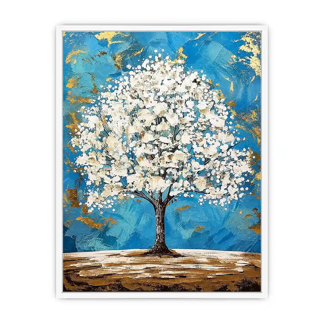 Elegant white tree of life painting with blue background and gold abstract accents on textured canvas