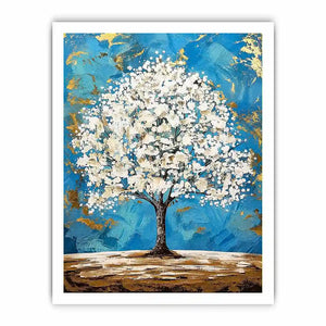 Elegant white tree of life painting with blue background and gold abstract accents on textured canvas