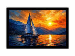 Abstract sailboat painting on calm ocean water with vibrant orange sunset and blue textured sky