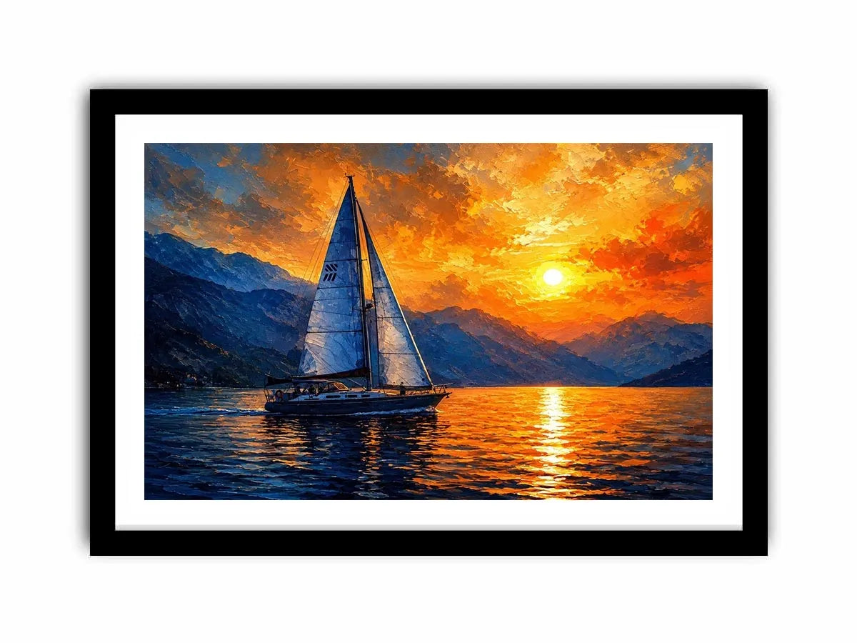 Abstract sailboat painting on calm ocean water with vibrant orange sunset and blue textured sky