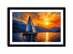 Abstract sailboat painting on calm ocean water with vibrant orange sunset and blue textured sky