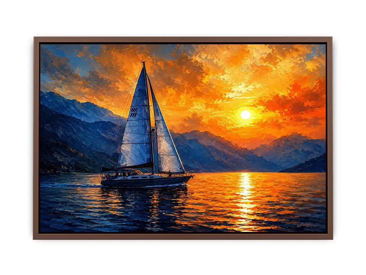 Abstract sailboat painting on calm ocean water with vibrant orange sunset and blue textured sky