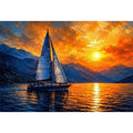 Abstract sailboat painting on calm ocean water with vibrant orange sunset and blue textured sky