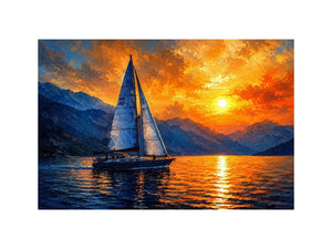 Abstract sailboat painting on calm ocean water with vibrant orange sunset and blue textured sky