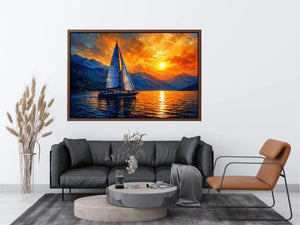 Abstract sailboat painting on calm ocean water with vibrant orange sunset and blue textured sky