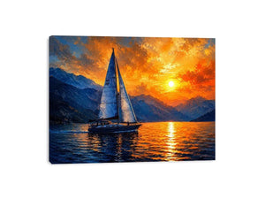 Abstract sailboat painting on calm ocean water with vibrant orange sunset and blue textured sky