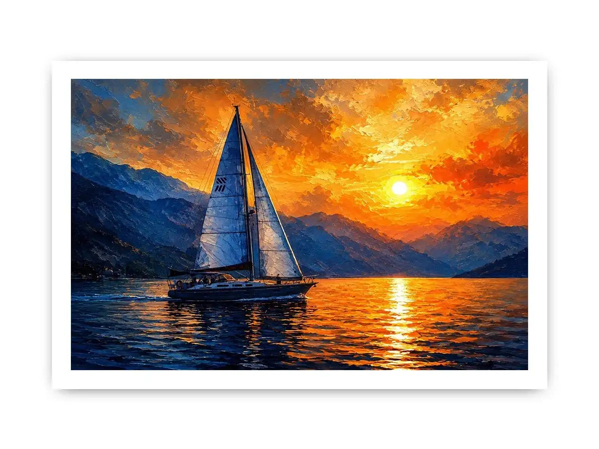Abstract sailboat painting on calm ocean water with vibrant orange sunset and blue textured sky