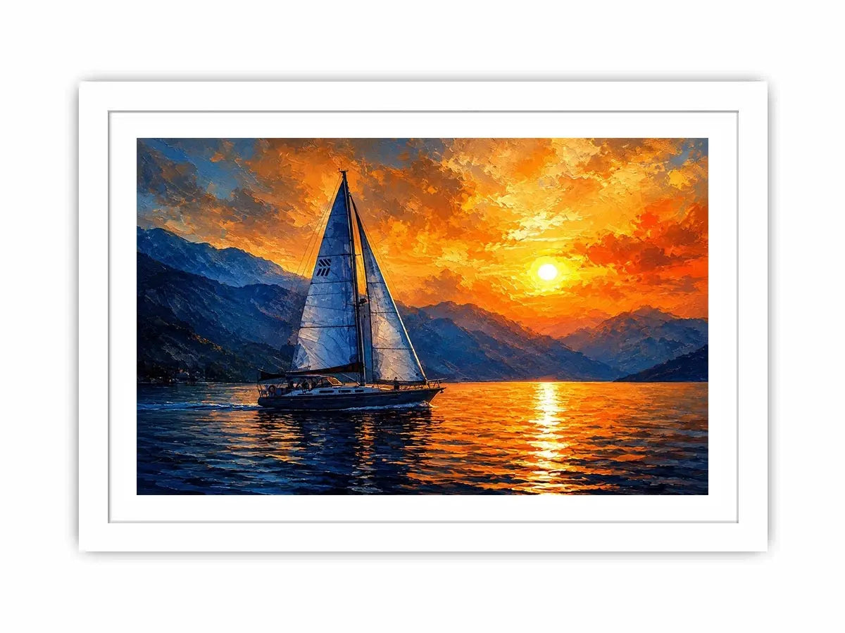 Abstract sailboat painting on calm ocean water with vibrant orange sunset and blue textured sky