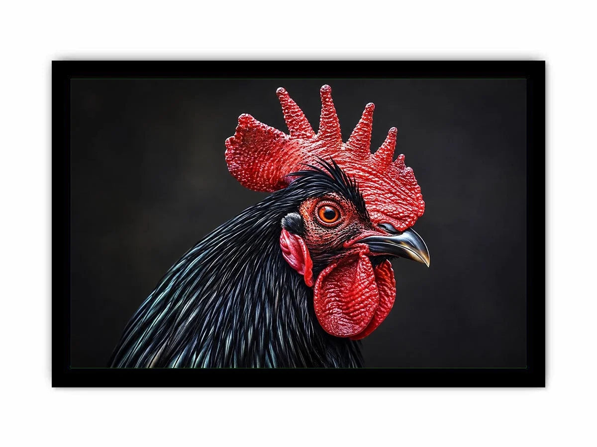 Luxury black rooster portrait wall art with vivid red comb and dramatic modern realism on dark background