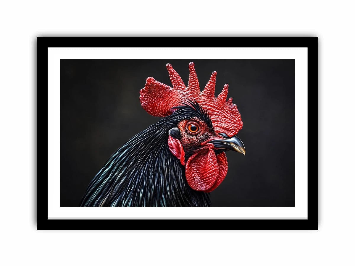 Luxury black rooster portrait wall art with vivid red comb and dramatic modern realism on dark background