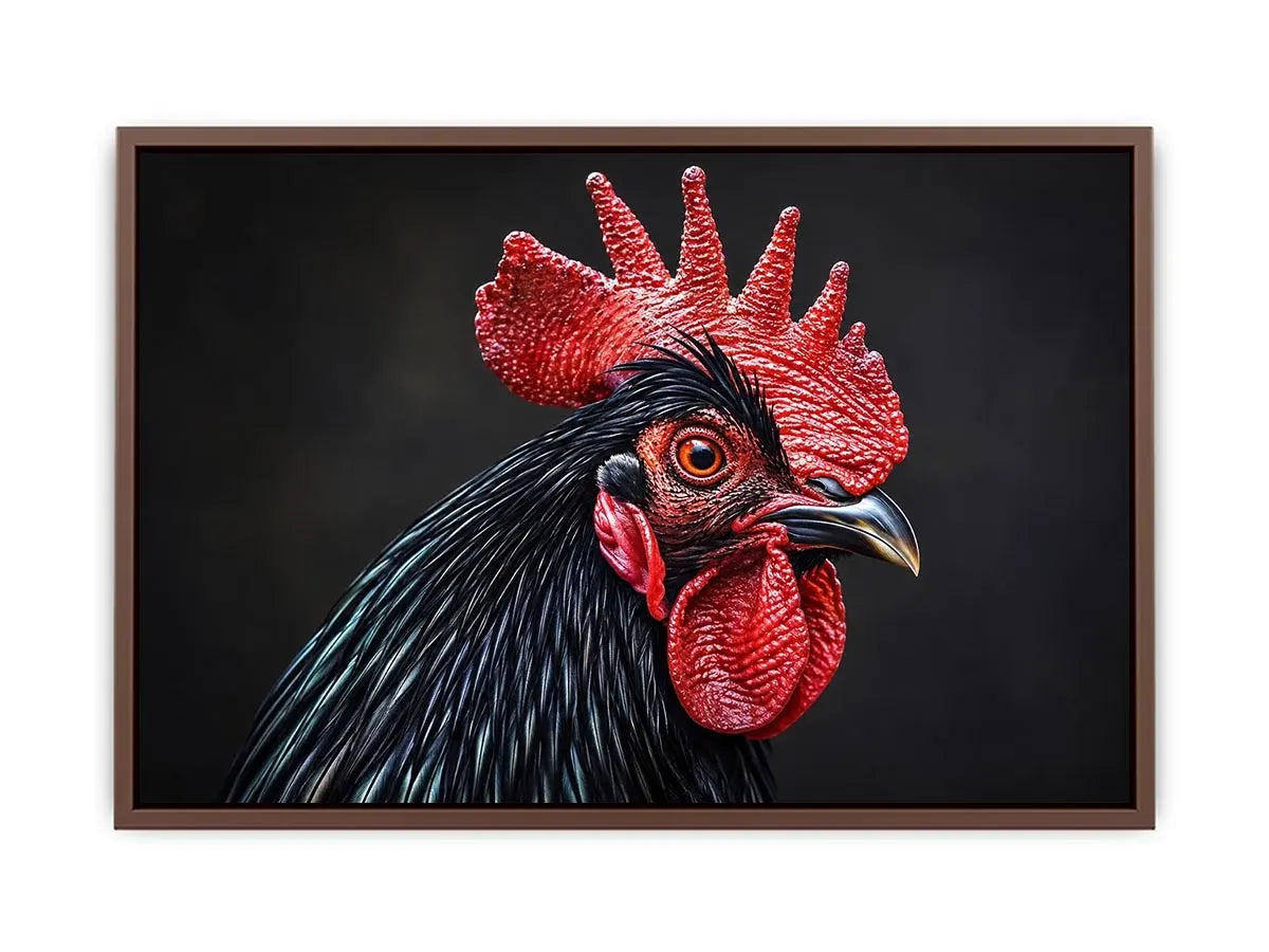 Luxury black rooster portrait wall art with vivid red comb and dramatic modern realism on dark background