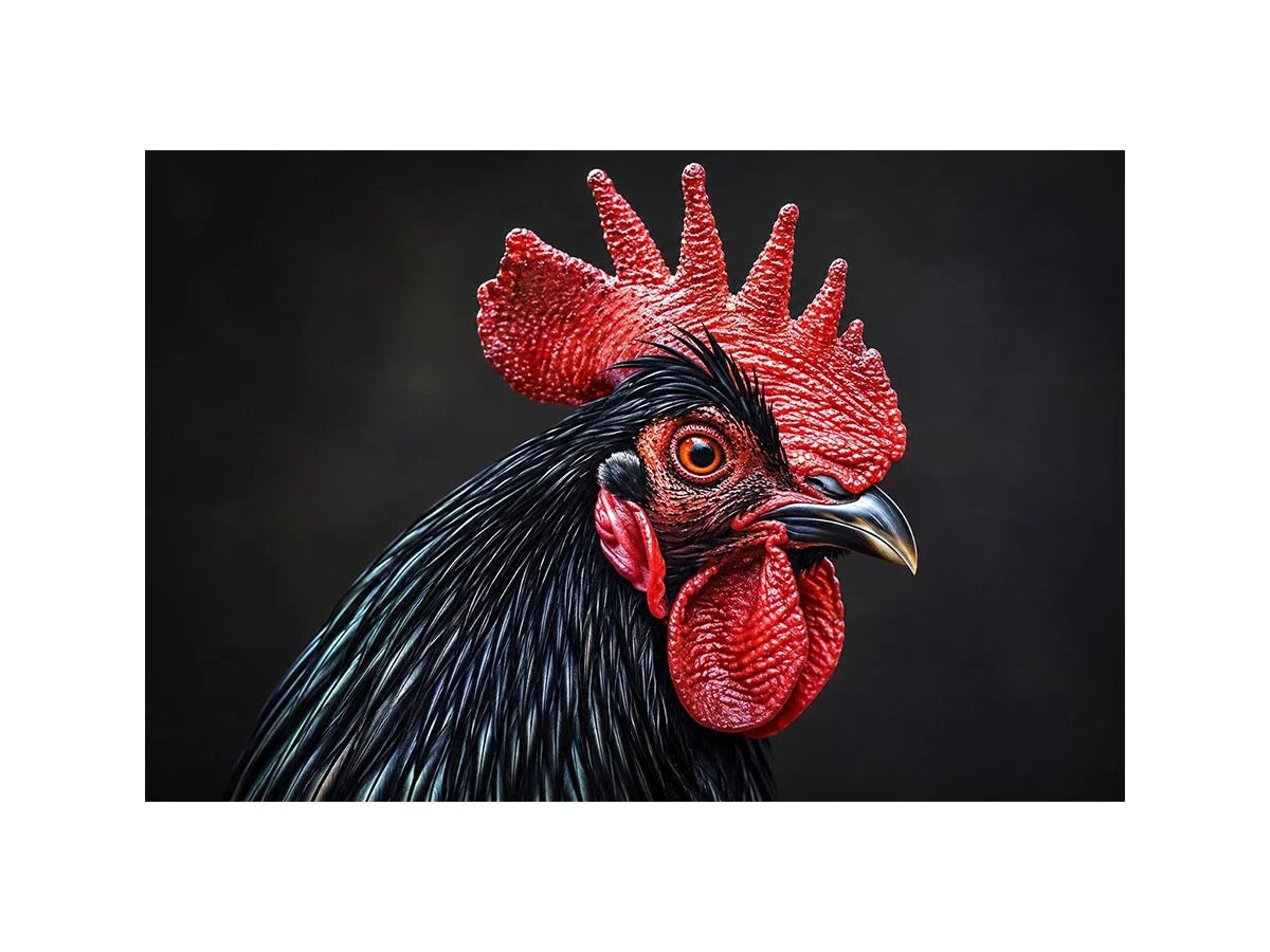 Luxury black rooster portrait wall art with vivid red comb and dramatic modern realism on dark background