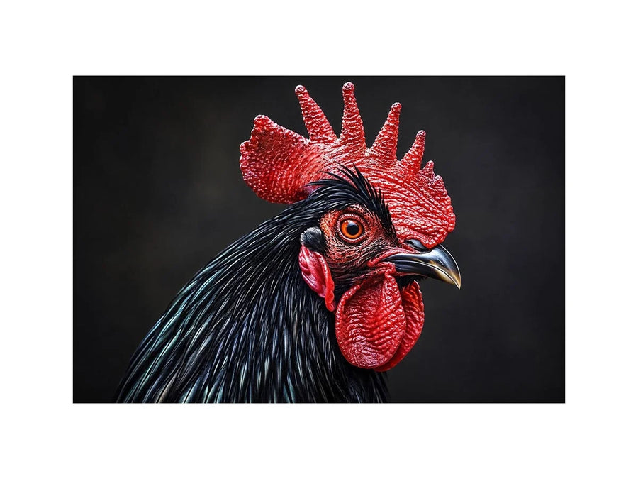 Luxury black rooster portrait wall art with vivid red comb and dramatic modern realism on dark background