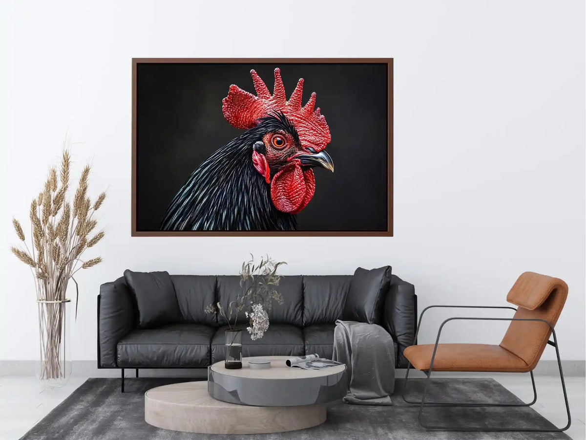 Luxury black rooster portrait wall art with vivid red comb and dramatic modern realism on dark background