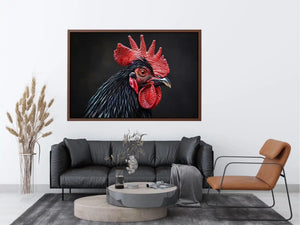 Luxury black rooster portrait wall art with vivid red comb and dramatic modern realism on dark background