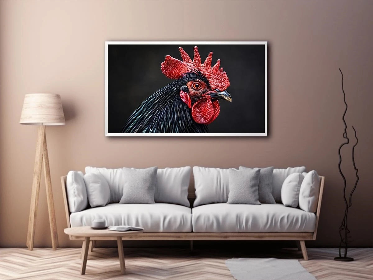Luxury black rooster portrait wall art with vivid red comb and dramatic modern realism on dark background