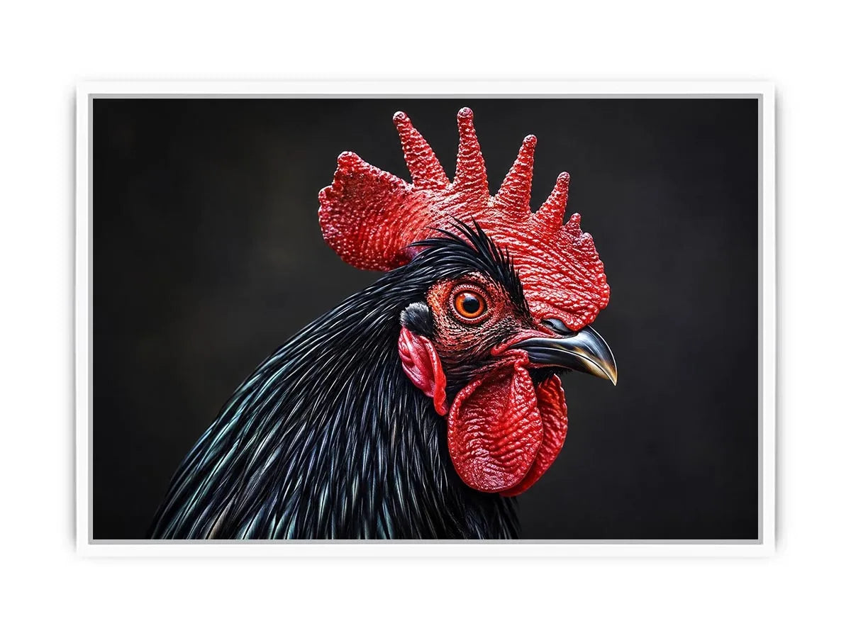 Luxury black rooster portrait wall art with vivid red comb and dramatic modern realism on dark background