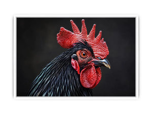 Luxury black rooster portrait wall art with vivid red comb and dramatic modern realism on dark background