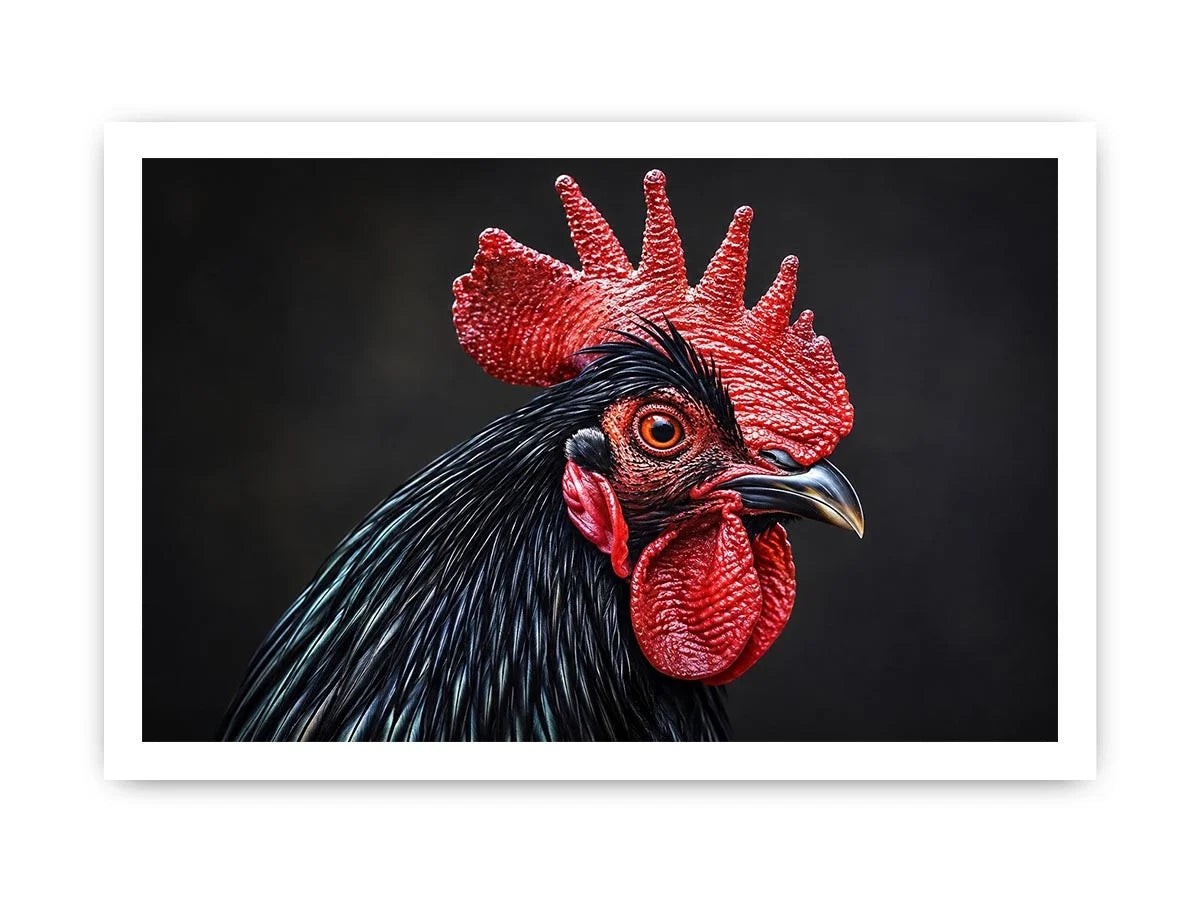 Luxury black rooster portrait wall art with vivid red comb and dramatic modern realism on dark background