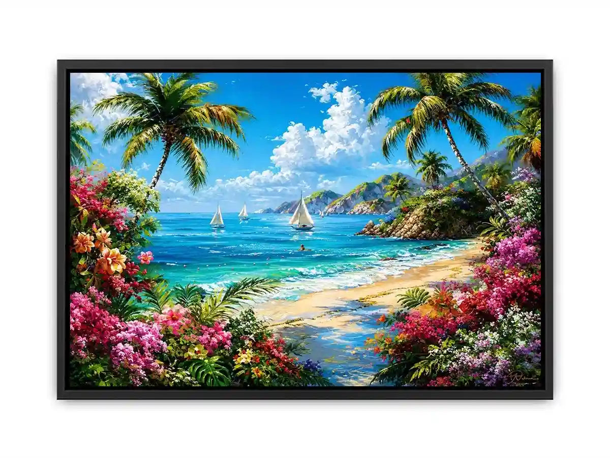 Luxury tropical beach landscape wall art with palm trees, turquoise ocean, sailboats, and vibrant floral scenery