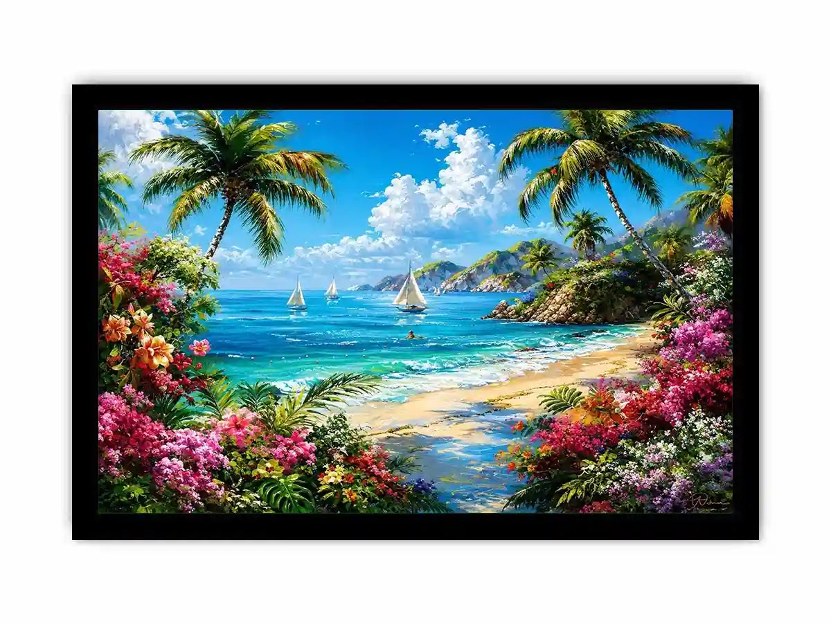 Luxury tropical beach landscape wall art with palm trees, turquoise ocean, sailboats, and vibrant floral scenery
