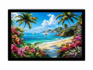 Luxury tropical beach landscape wall art with palm trees, turquoise ocean, sailboats, and vibrant floral scenery
