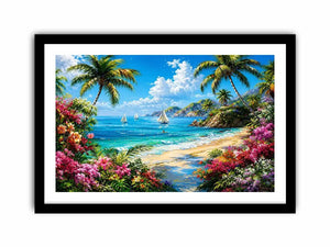 Luxury tropical beach landscape wall art with palm trees, turquoise ocean, sailboats, and vibrant floral scenery