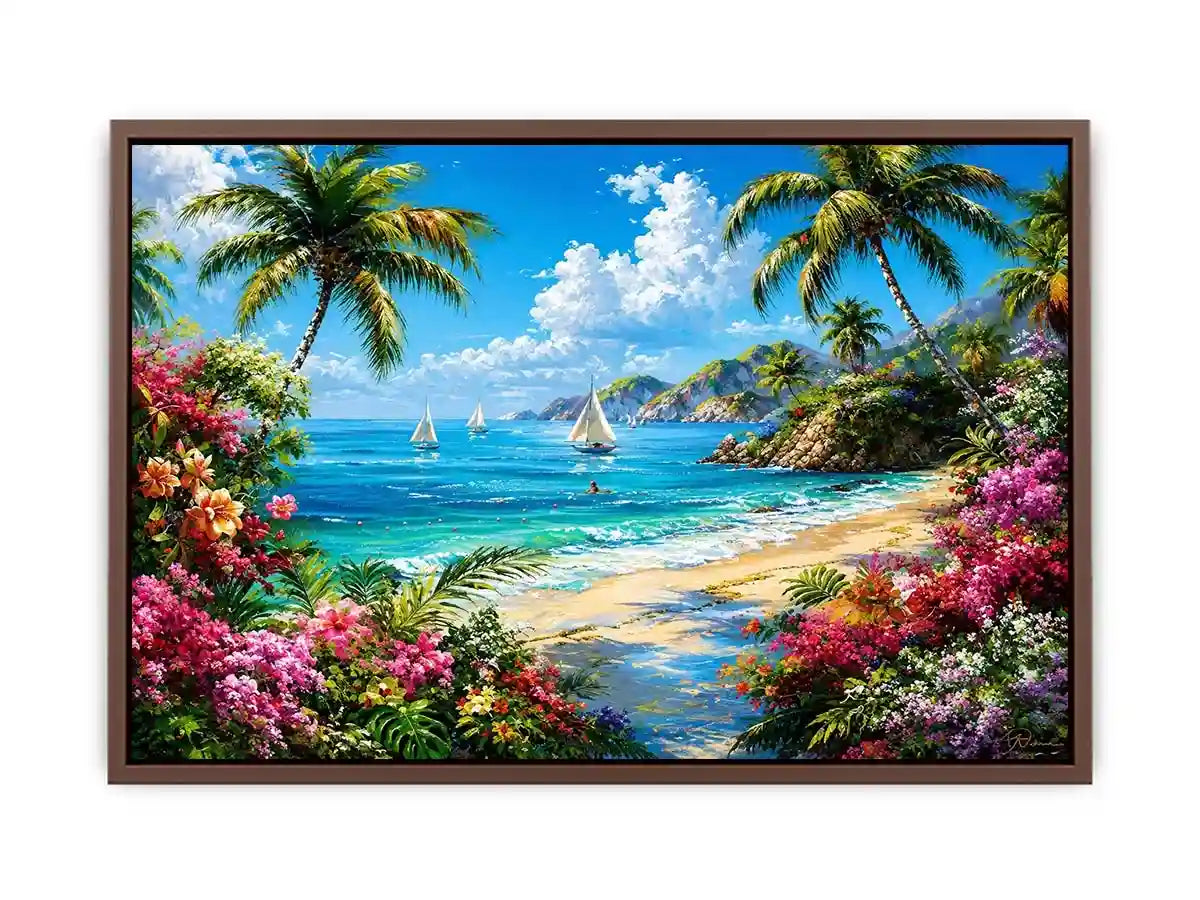 Luxury tropical beach landscape wall art with palm trees, turquoise ocean, sailboats, and vibrant floral scenery