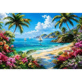 Luxury tropical beach landscape wall art with palm trees, turquoise ocean, sailboats, and vibrant floral scenery