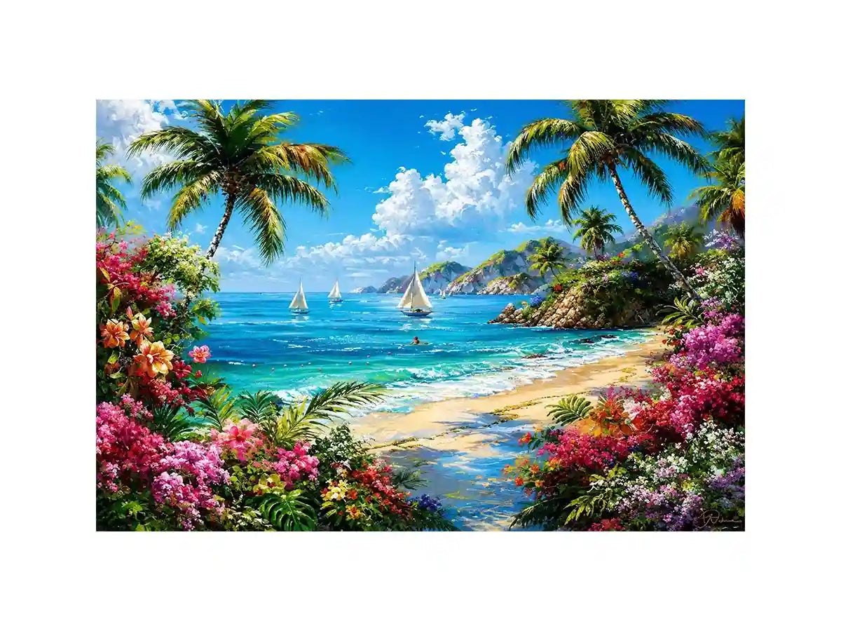 Luxury tropical beach landscape wall art with palm trees, turquoise ocean, sailboats, and vibrant floral scenery