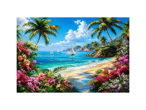 Luxury tropical beach landscape wall art with palm trees, turquoise ocean, sailboats, and vibrant floral scenery