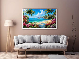 Luxury tropical beach landscape wall art with palm trees, turquoise ocean, sailboats, and vibrant floral scenery