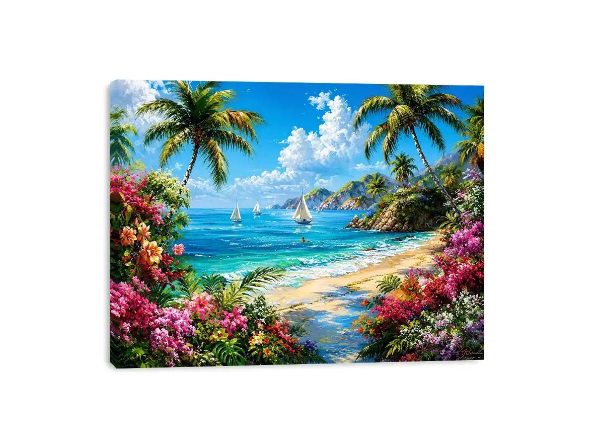 Luxury tropical beach landscape wall art with palm trees, turquoise ocean, sailboats, and vibrant floral scenery