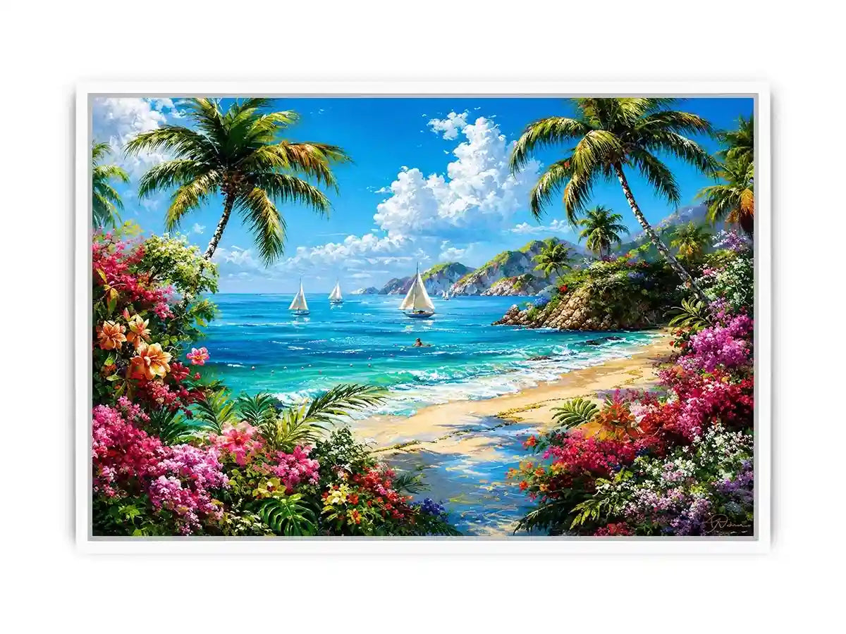 Luxury tropical beach landscape wall art with palm trees, turquoise ocean, sailboats, and vibrant floral scenery