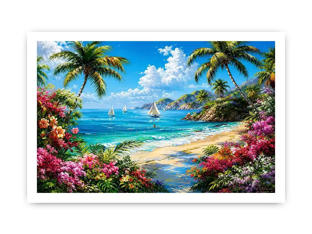 Luxury tropical beach landscape wall art with palm trees, turquoise ocean, sailboats, and vibrant floral scenery