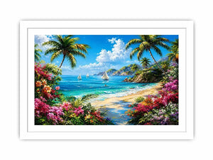 Luxury tropical beach landscape wall art with palm trees, turquoise ocean, sailboats, and vibrant floral scenery