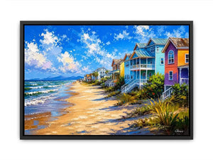 Colorful coastal beach house wall art with ocean waves, pastel seaside homes, and bright tropical shoreline painting