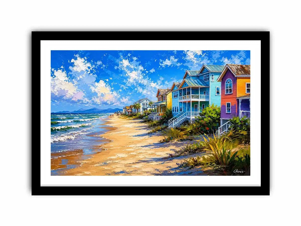 Colorful coastal beach house wall art with ocean waves, pastel seaside homes, and bright tropical shoreline painting