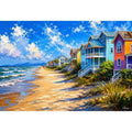Colorful coastal beach house wall art with ocean waves, pastel seaside homes, and bright tropical shoreline painting