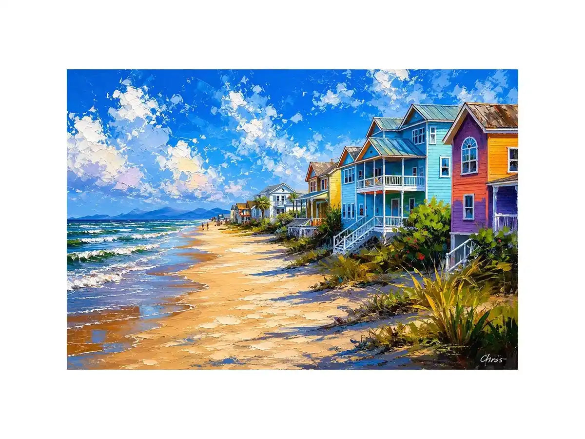 Colorful coastal beach house wall art with ocean waves, pastel seaside homes, and bright tropical shoreline painting