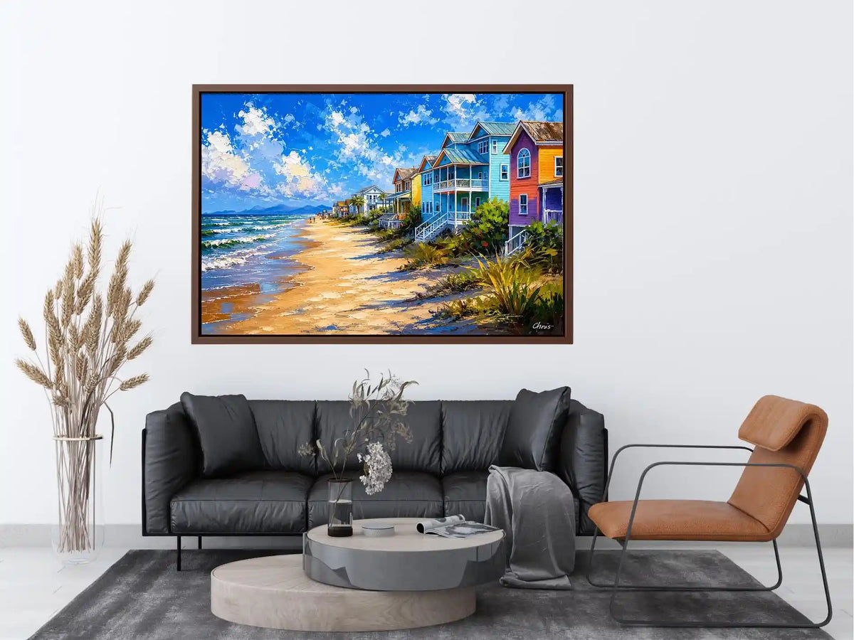 Colorful coastal beach house wall art with ocean waves, pastel seaside homes, and bright tropical shoreline painting