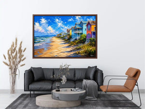 Colorful coastal beach house wall art with ocean waves, pastel seaside homes, and bright tropical shoreline painting